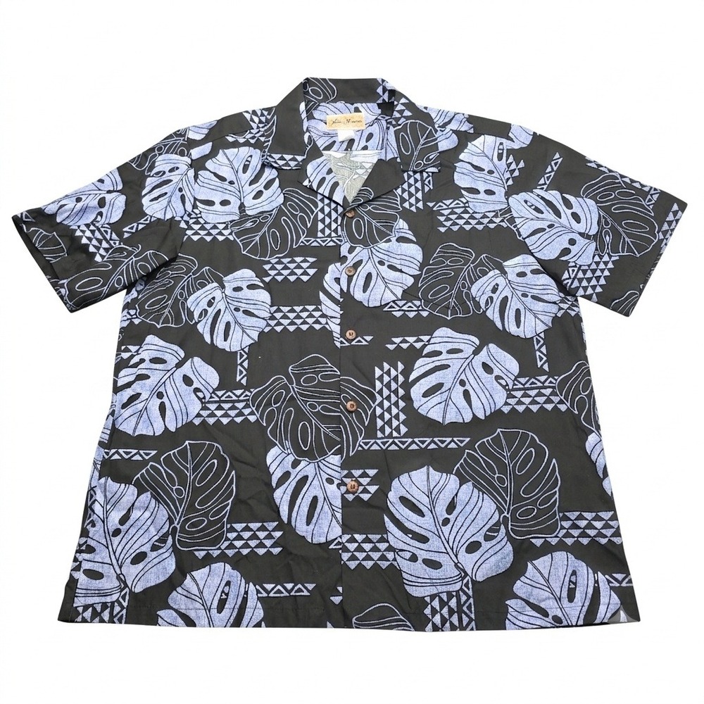 Blue Hawaii Mens XL Cotton Aloha Shirt Monstera Leaf Black Blue Made in USA